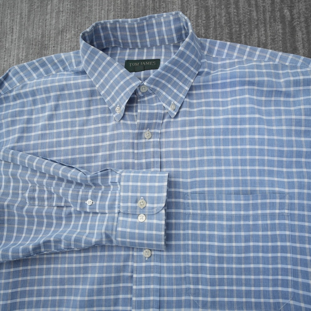 Tom James Shirt Men Button Down Long Sleeve Blue White Checkered USA Made XL